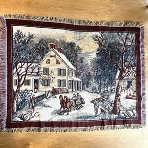 Crown Crafts Snow Sleigh Christmas Tapestry Woven Throw Blanket Granny Core
